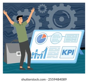 Man raising hands in happiness beside a KPI dashboard displaying charts and graphs, symbolizing business success, performance analysis, and data driven decision-making. Flat vector modern illustration