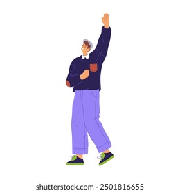 Man raising hands in happy manner, flat cartoon vector illustration. Isolated male personage cheering and celebrating, happiness and delight, joy expression and success hurrah shouting