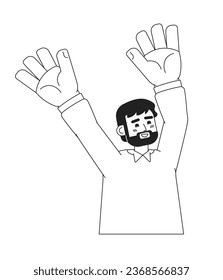 Hombre levantando las manos hacia arriba del carácter monocromático del vector plano. Alegre chico caucásico. Medio cuerpo de línea delgada editable en blanco. Sencilla imagen de spot de dibujos animados bw para diseño gráfico web