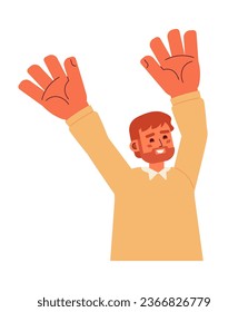 Hombre levantando las manos hacia arriba del carácter vector de color semiplano. Alegre chico caucásico. Media persona de cuerpo editable en blanco. Ilustración simple de dibujos animados para el diseño gráfico web