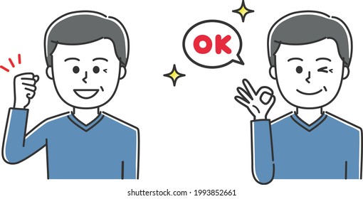 A man raising his fist and making an OK sign. Vector illustration isolated on white background.