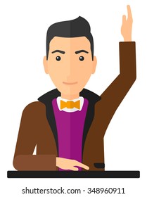 Man raising his hand while sitting at the table vector flat design illustration isolated on white background. Vertical layout.