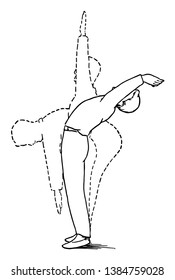 A man raising his hands up and bend back side, vintage line drawing or engraving illustration.