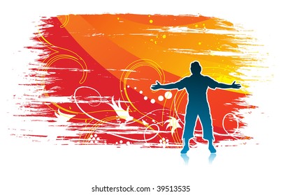 man raising his hands with grunge floral background,vector illustration