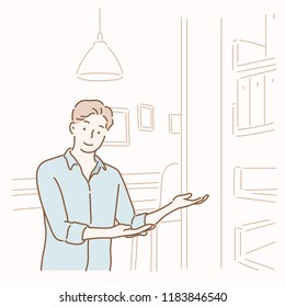 A man is raising his hands and introducing a room. hand drawn style vector design illustrations. A man is raising his hands and introducing a room. hand drawn style vector design illustrations.