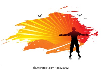 man raising his hands with sun set background, Vector illustration.