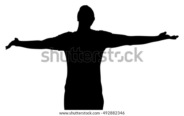 白い背景に手を上げる男性のベクターシルエットイラスト 腕を大きく開いた青年 のベクター画像素材 ロイヤリティフリー