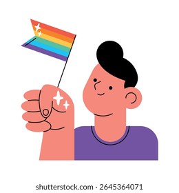 Man raising rainbow flag in LGBTQ pride celebration

