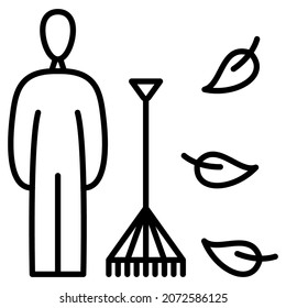 A man with a rake, leaves are falling. Foliage harvesting in autumn. The work of a gardener. Autumn leaf fall. Vector icon, outline, isolated. Editable stroke.