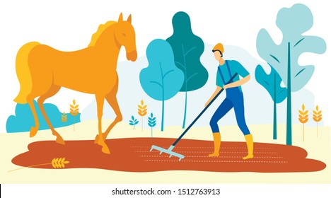 Man With Rake Level Ground. Horse Stands Near Farmer. Vector Illustration. Farmer in Garden.  Farm Business. Working in Garden. Horse at Farm near Worker in Uniform.