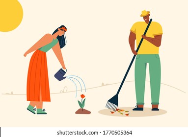 Man rakes autumn leaves, cleaning lawn. Woman watering flowers, is engaged in gardening. Couple of farmers work on farm together. Vector character illustration of village lifestyle, agriculture
