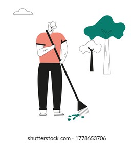 Man rakes autumn leaves, cleaning lawn. Farmer works on farm. Vector character illustration of village lifestyle, agriculture