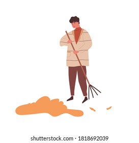 Man raking heap of autumn leaves use rake vector flat illustration. Male sweeping fall dry yellow foliage tidying outdoor area isolated on white. Guy in warm outerwear doing seasonal work