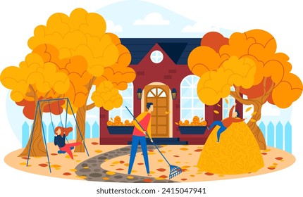 Man raking leaves near house, child swinging under autumn tree. Fall season yard work and family activities vector illustration.