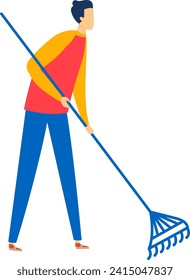 Man raking leaves, outdoor autumn yard work. Male gardener cleaning up, flat style design. Seasonal gardening vector illustration.