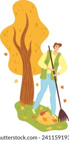 Man raking leaves under autumn tree, casual outfit, outdoor fall activity. Seasonal yard work and cheerful gardener vector illustration.