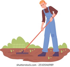 Hombre rastrillando la ilustración del suelo. Personaje masculino de jardinería aislado sobre fondo blanco