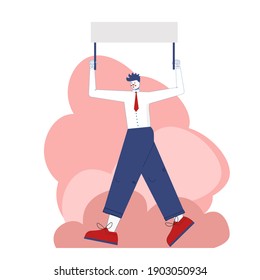 hombre en la manifestación. Protesta con un afiche. Ilustración vectorial al estilo de payaso de dibujos animados.