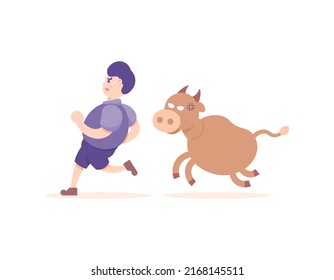 A man ran to escape from the cows. people are chased by angry cows because they don't want to be slaughtered. animal. concept illustration design
