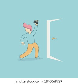 the man ran out of the door with a cell phone in hand. vector illustration