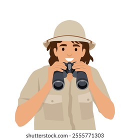 Man ranger with binoculars is watching animals in wild being in national reserve. Flat vector illustration isolated on white background