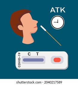A man with rapid COVID-19 Antigen test kit (ATK) and test timer. Flat vector illustration