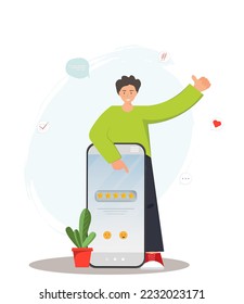 Man rating the web site or web page, mobile app, writing customer reviews, star rating concept, leaving feedback and comments, flat vector illustration