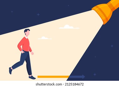 Man in ray of light. Young guy goes to his goal, metaphor for leadership. Character sees future, planning and setting goals. Aspiring Entrepreneur, businessman. Cartoon flat vector illustration