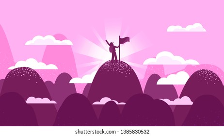 The man reached the top of the mountain. Mountain landscape. Peak.