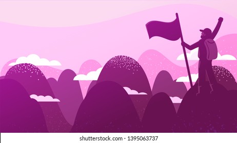 The man reached the top of the mountain. Mountain landscape. Peak.