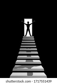 Man reached the top or stepping to future. Businessman at the top of stairs faces the luminous entrance to future. Dark interior way forward and up. Man found exit and saw the light. 