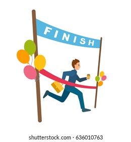 Man reaches finish, red ribbon, tape in marathon. Poster of finishing the line. Vector cartoon. Boy in office suits, work clothes running with suitcase and coffee. Businessman reaches the goal.