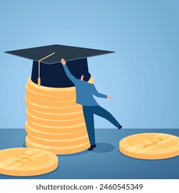 A man reaches for a graduation cap on a pile of coins, illustration for educational investment.