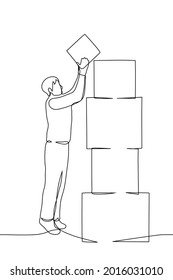 Man Reaches Up To Place A Box On Top Of A Stack Of Boxes - One Line Drawing. Internet Order Packaging Concept, Big Stack Of Gifts 