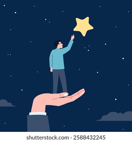 Man reaches for star in sky while standing on giant hand. Metaphor for success, support and help in work and career. Reach for dream vector concept