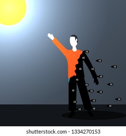 A man reaches for the sun and it cleans him of all the bad things that have accumulated in him. Vector illustration.