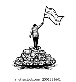 a man reaches the top of a mountain raising the flag vector line art