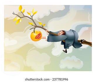 Man Reaching For An Apple Surreal Vectorial Illustration Allegory Of Distant Love