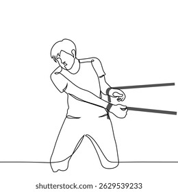 man reaching away from ropes tied around his wrist - one line art vector. concept trapped, prisoner, unable to escape. Handmade vector not AI
