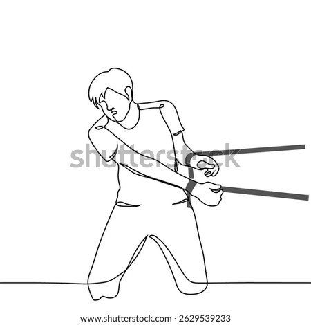 man reaching away from ropes tied around his wrist - one line art vector. concept trapped, prisoner, unable to escape. Handmade vector not AI