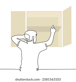 man reaching for empty shelf and scratching his head - one line art vector. concept empty shelves, out of stock. Handmade vector not AI