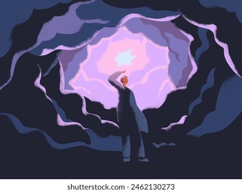 Man reaching for glowing celestial unknown light. Hope, mystery, magic wonder, mystical miracle concept. Spiritual discovery. Dream, imagination, psychic insight. Psychology flat vector illustration