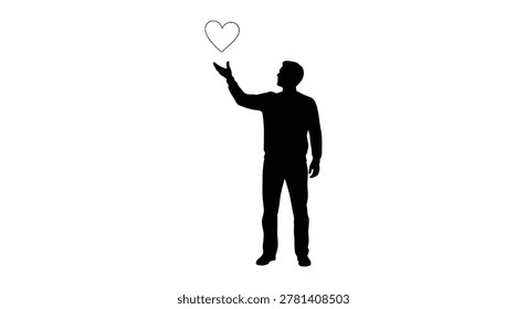 man reaching for heart shape black silhouette