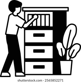 A man is reaching into a filing cabinet. The cabinet is full of files and folders. The man is trying to find a specific file