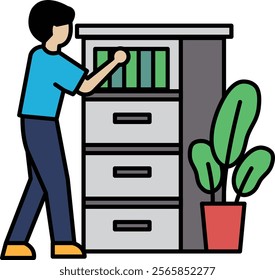 A man is reaching into a filing cabinet. The cabinet is full of files and folders. The man is looking for a specific file