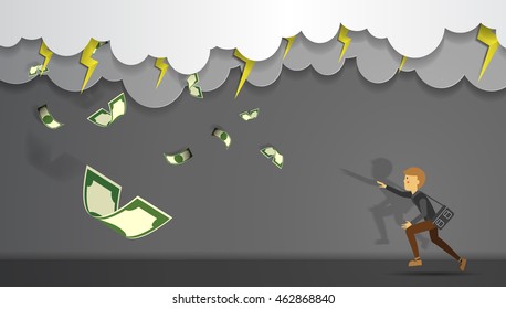 Man reaching for the money that flying in the air with paper art background vector illustration