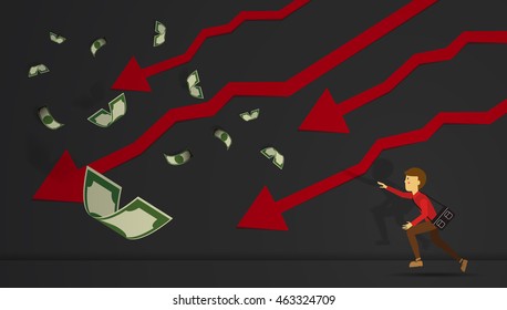 Man reaching for the money that flying in the air with paper art background vector illustration