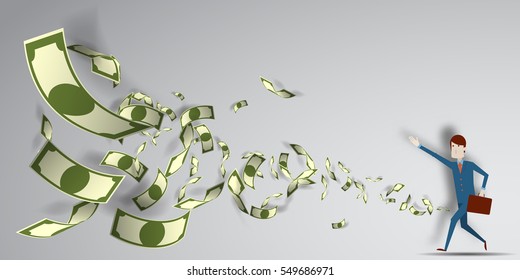 Man reaching for the money that flying in the air with paper art background vector illustration