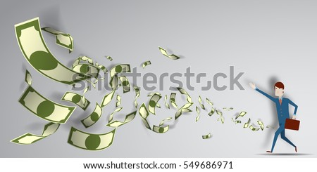 Man reaching for the money that flying in the air with paper art background vector illustration