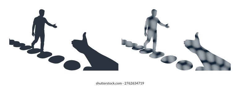 Man reaching out on stepping stones, with thumbs up shadow, depicting progress.